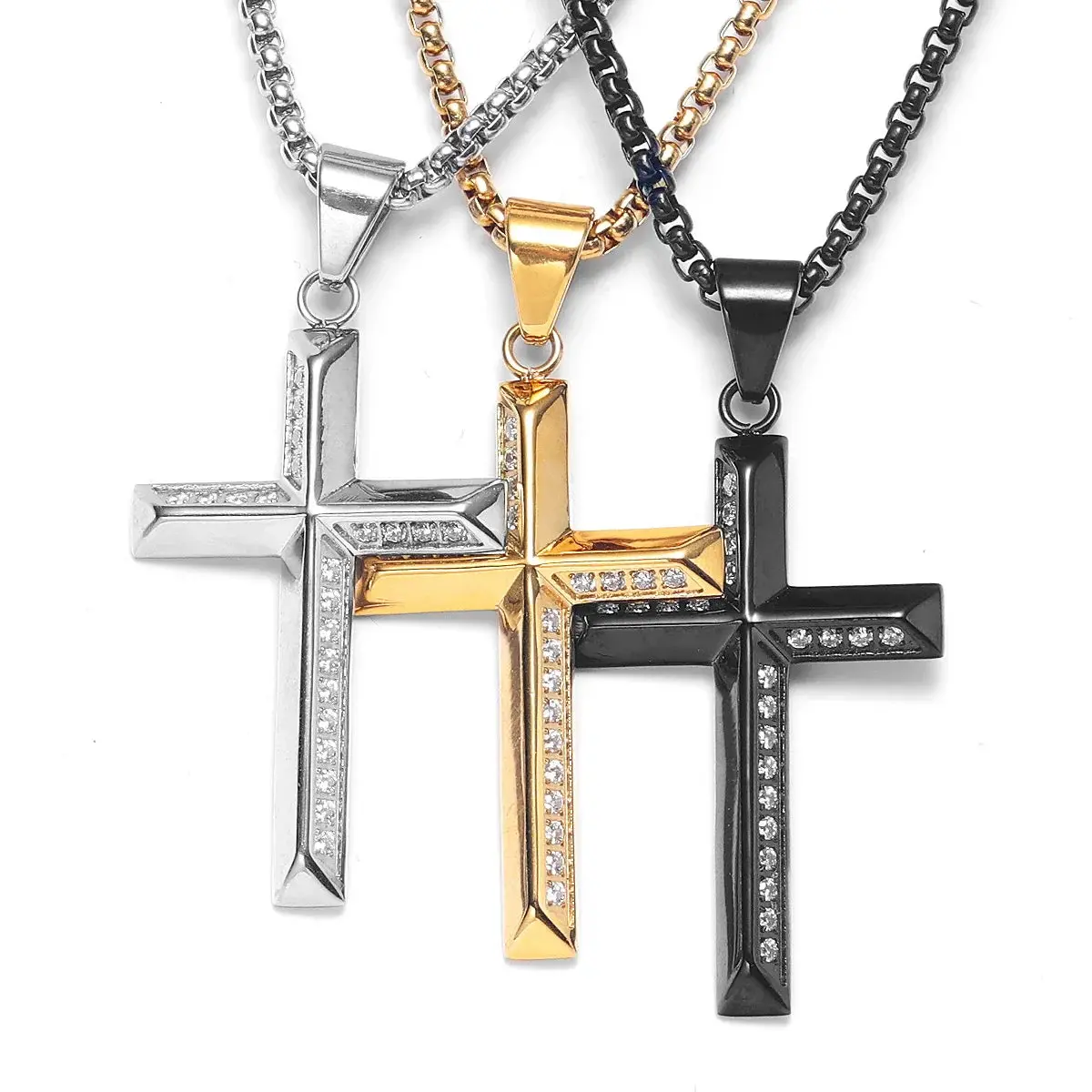 Simple Gemstone Cross Stainless Steel Men's Necklace Pendant Chain - Image 13