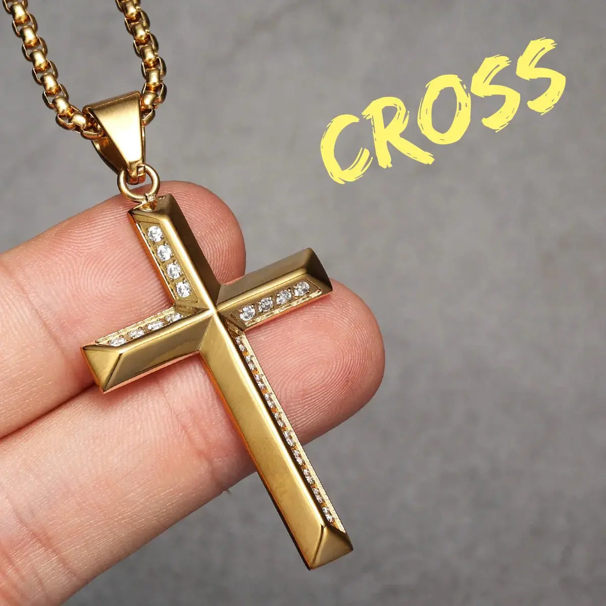 Simple Gemstone Cross Stainless Steel Men's Necklace Pendant Chain - Image 17