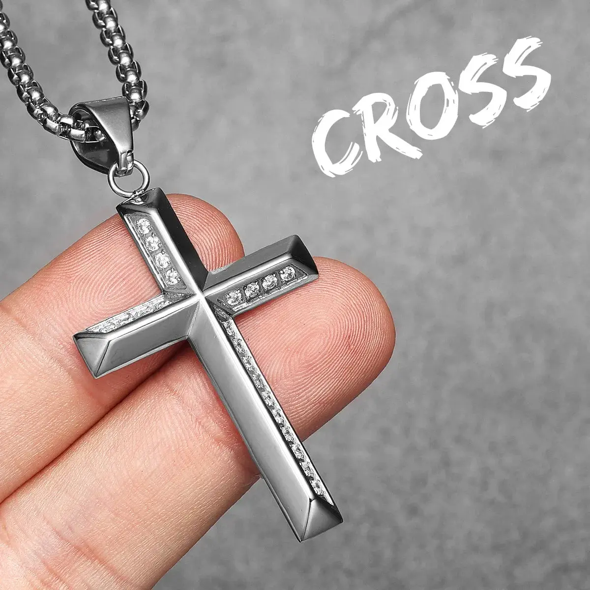 Simple Gemstone Cross Stainless Steel Men's Necklace Pendant Chain - Image 18