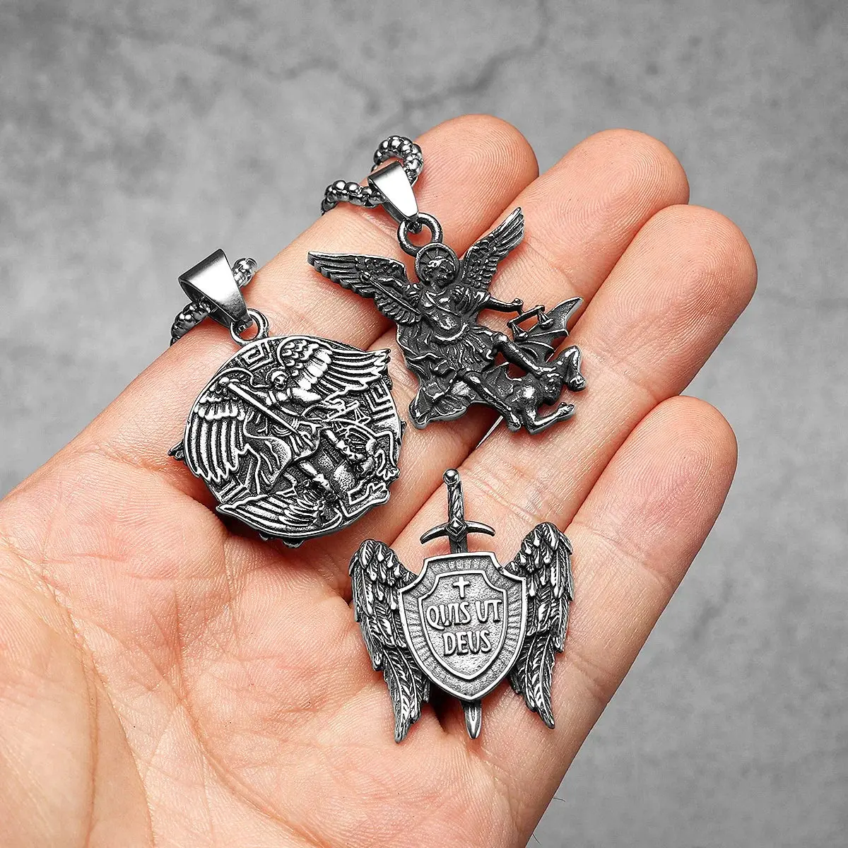 Archangel St. Michael Defeating Satan Stainless Steel Pendant Men's Necklace - Image 8