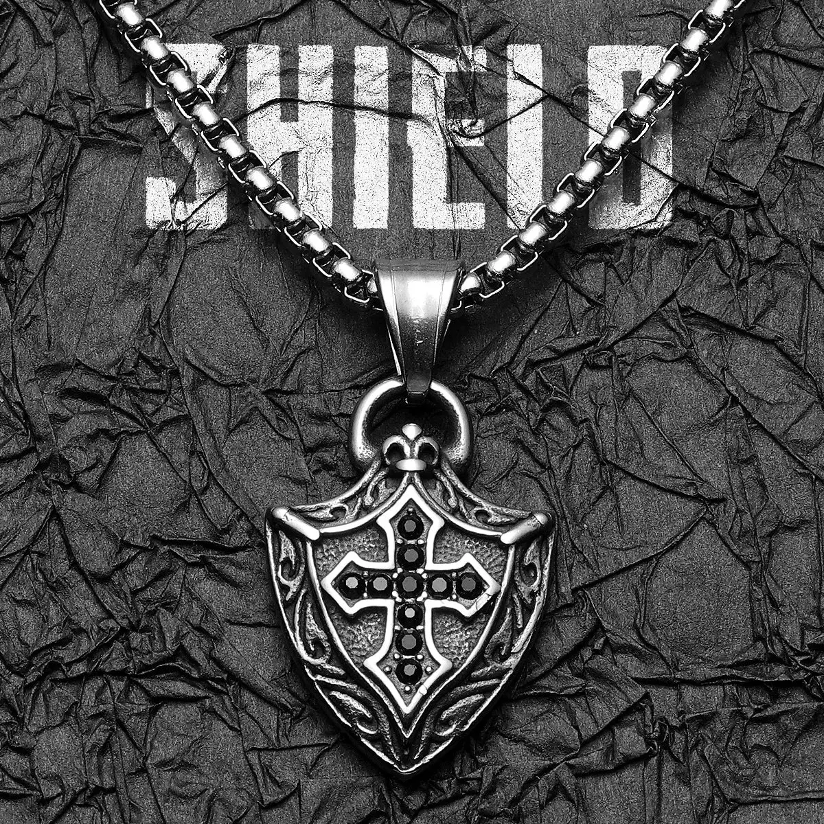 Cross Shield Amulets Gemstone Stainless Steel Men's Necklace Pendant Chain - Image 6