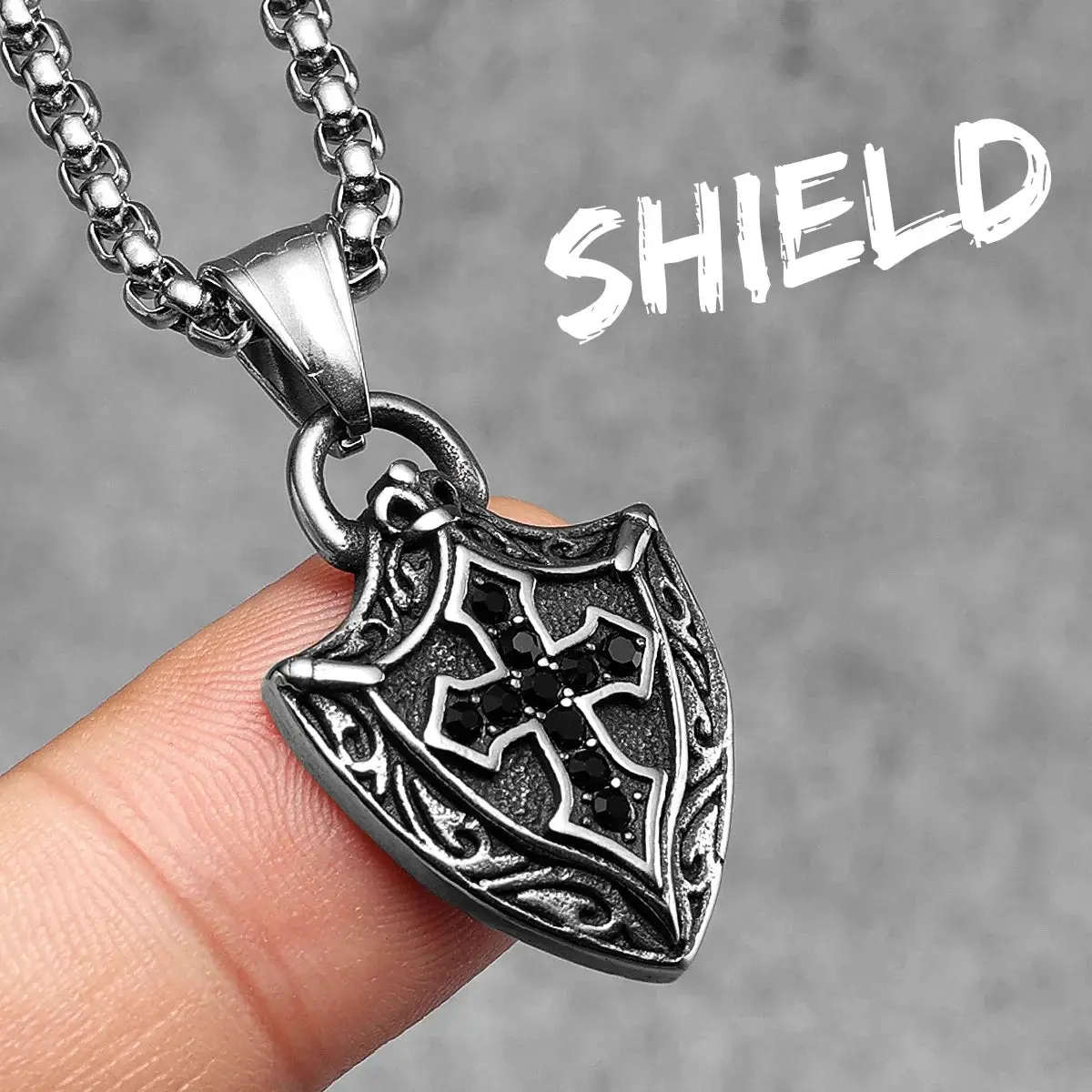 Cross Shield Amulets Gemstone Stainless Steel Men's Necklace Pendant Chain - Image 12