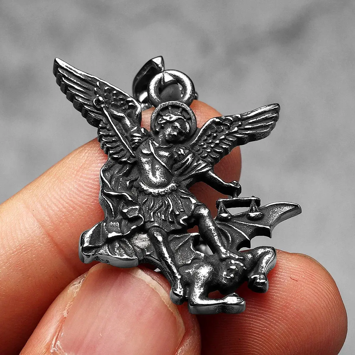 Archangel St. Michael Defeating Satan Stainless Steel Pendant Men's Necklace - Image 9