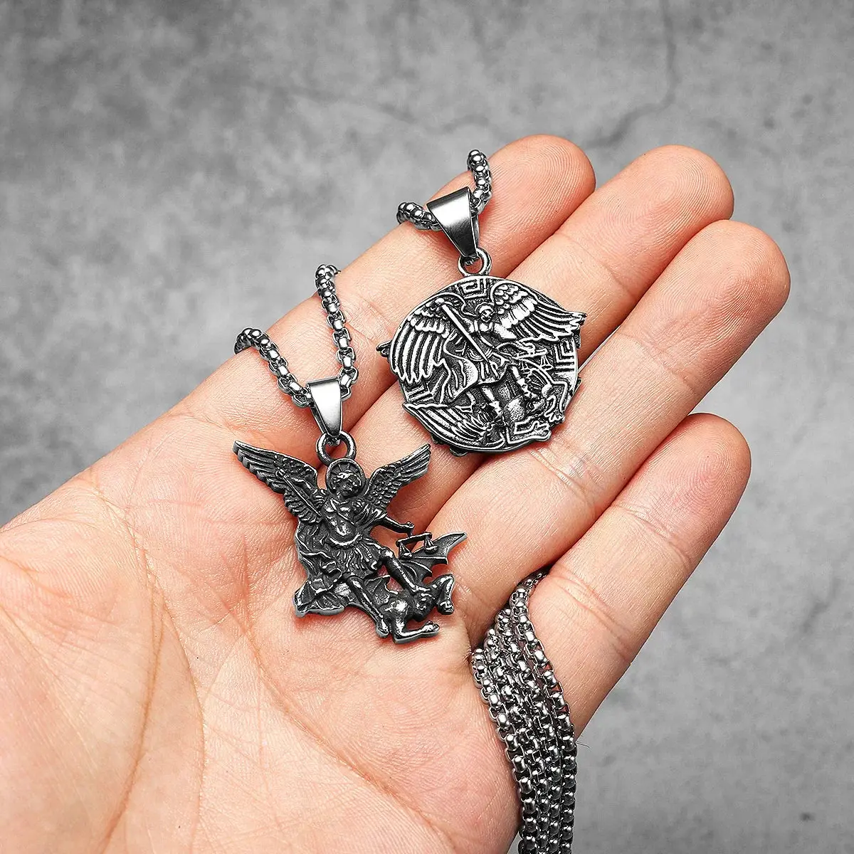 Archangel St. Michael Defeating Satan Stainless Steel Pendant Men's Necklace - Image 11