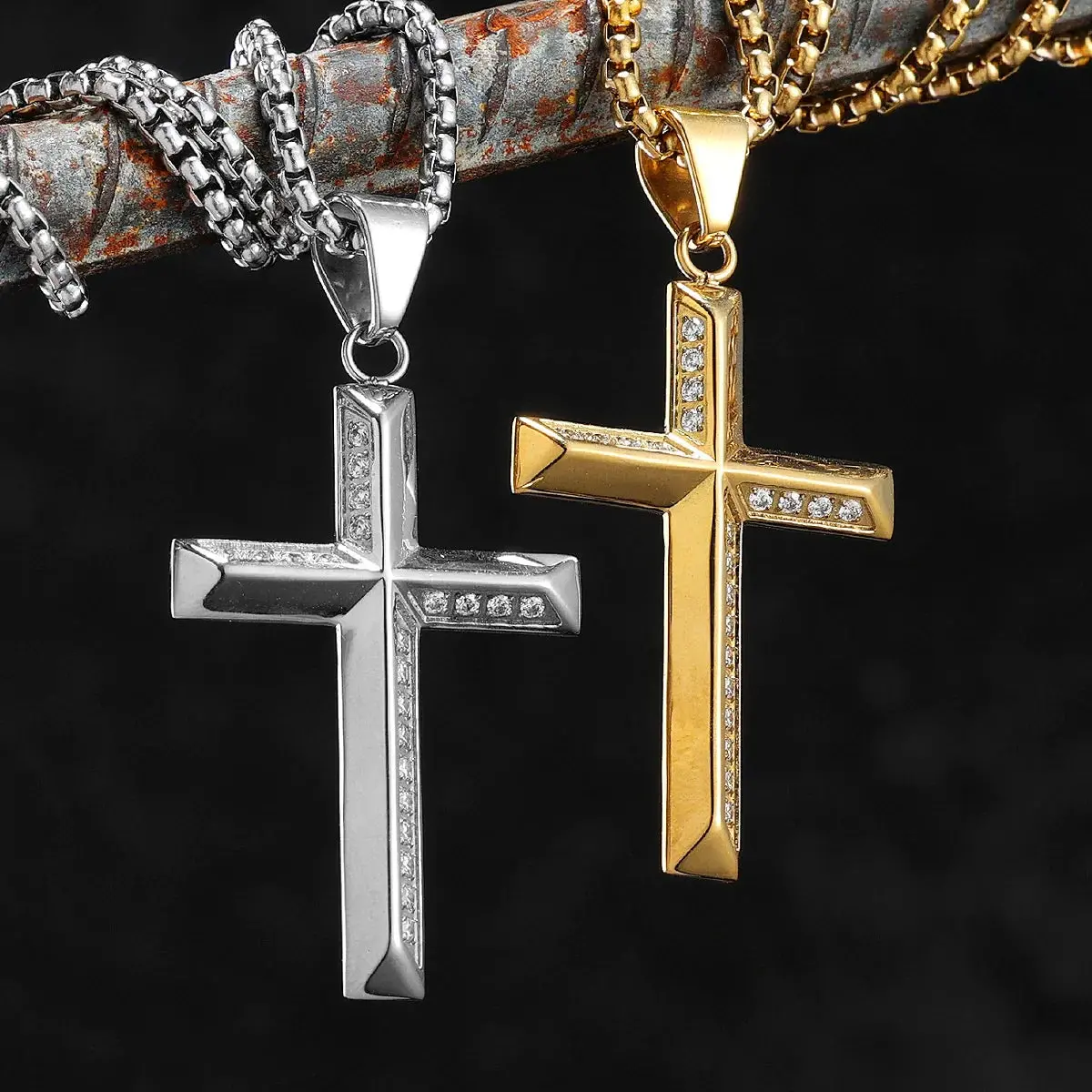 Simple Gemstone Cross Stainless Steel Men's Necklace Pendant Chain - Image 7