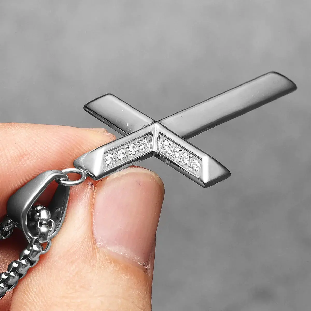 Simple Gemstone Cross Stainless Steel Men's Necklace Pendant Chain - Image 9