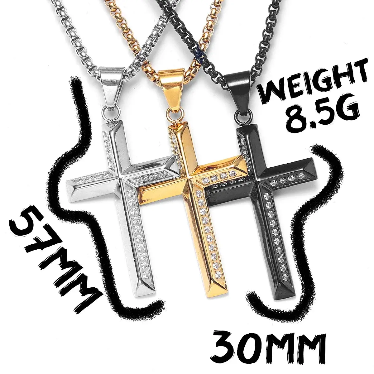 Simple Gemstone Cross Stainless Steel Men's Necklace Pendant Chain - Image 12