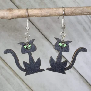 Halloween Black Cat Silhouette Wooden Dangle Earrings | Spooky Jewelry